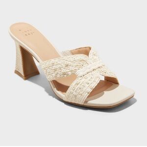 A New Day Women's Chunky Block Heel Slip On Mules Sandals Raffia Woven Band NWOT